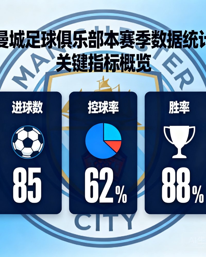 曼城足球俱乐部本赛季数据统计面板，展示进球数、控球率和胜率等关键指标