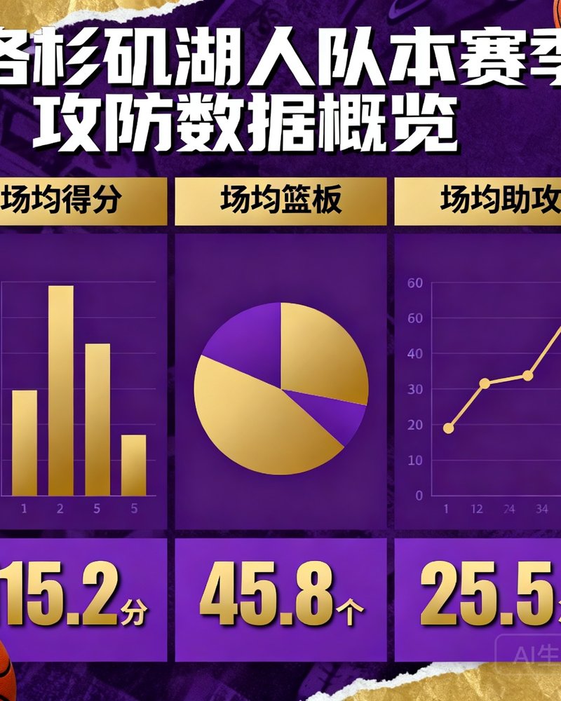 洛杉矶湖人队本赛季攻防数据概览，展示场均得分、篮板和助攻数据