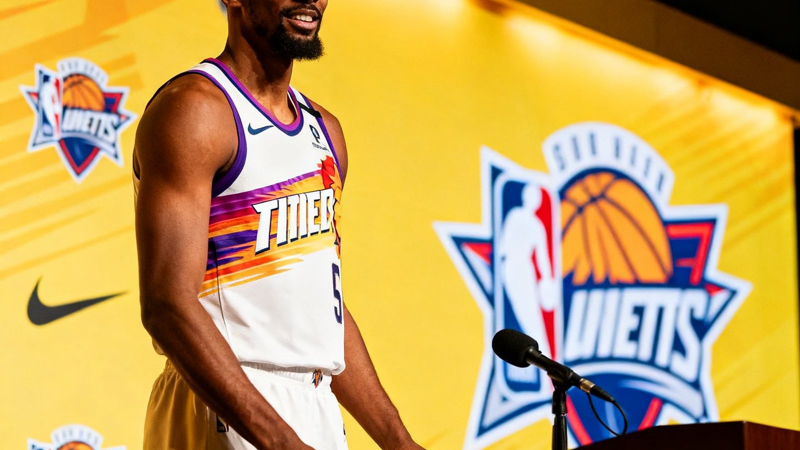 NBA休赛期重大交易新闻配图，球员身穿新球队球衣亮相新闻发布会，背景是球队标志墙